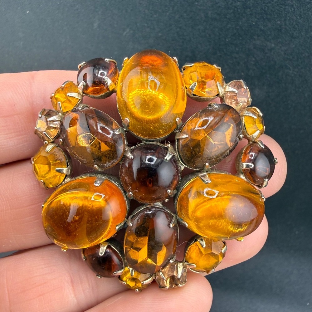 Vintage Weiss Brooch Orange Root Beer Gold Tone Glass